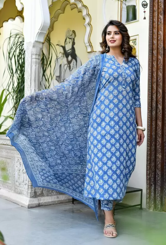 S.BLUE Round Neck Floral Print Kurta Pant and Dupatta set