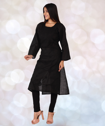 Black Embroidery round neck long kurti