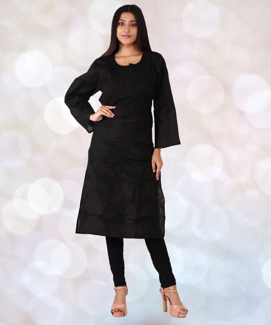 Black Embroidery round neck long kurti