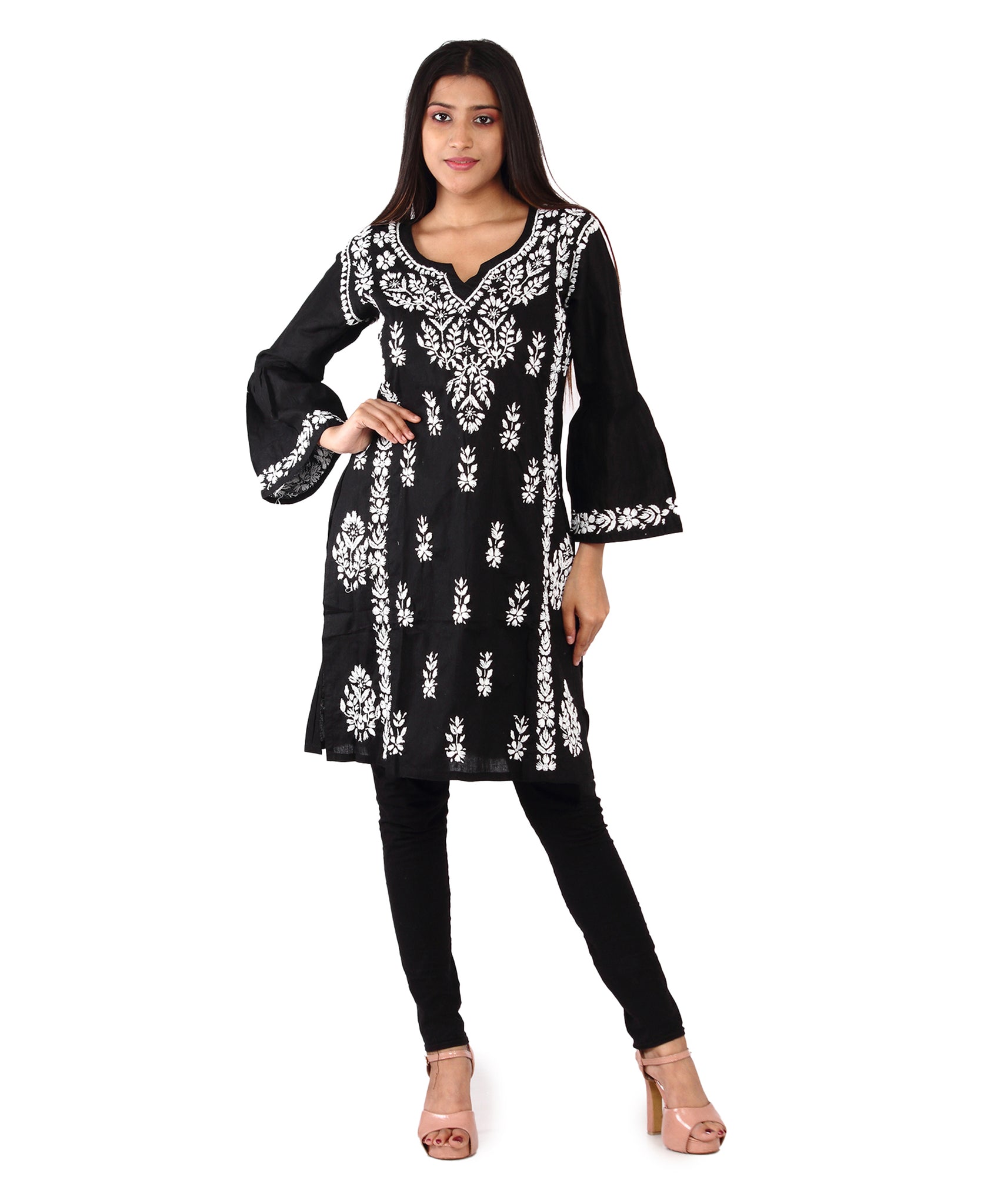 Black round neck chikankari short kurti