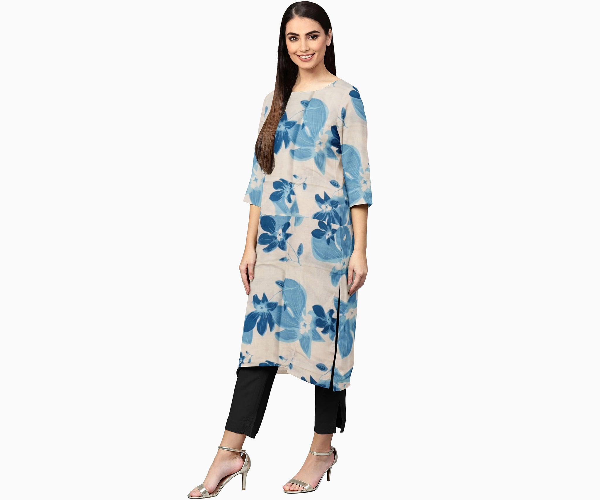 Radiant Blooms: Blue Floral Kurti Collection - Embrace Effortless Elegance with Every Petal