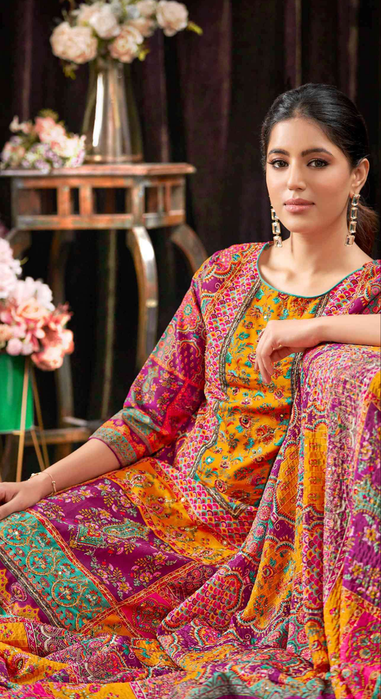 Elegant Pure Muslin Designer Digital Print with Aari Mirror Handwork