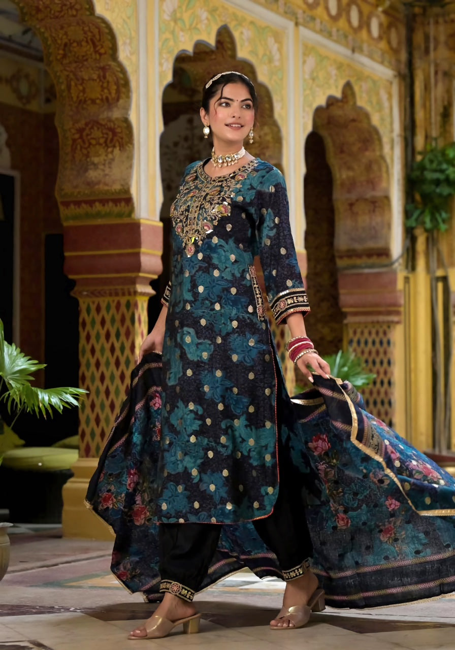 Product Title: Women's Ethnic Three-Piece Suit - Kurti, Pant & Dupatta | Fully Stitched Muslin Fabric | Party & Festive Wear