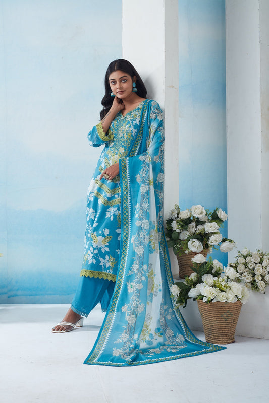 Premium Cotton Stitched Blue Lace Work Suit