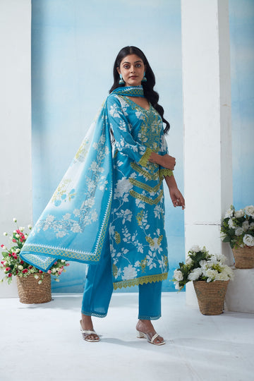 Premium Cotton Stitched Blue Lace Work Suit