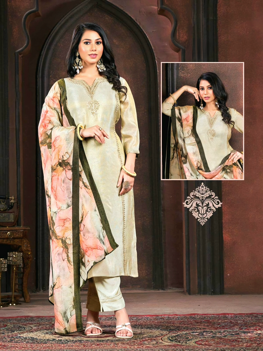 Elegant Pure Gold Tissu Shimmer Suit Set with Heavy Embroidery and Digital Print Dupatta - Fully Stitched, Sizes M to XXL